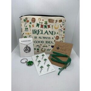 Irish Gift Bundle Bag w/ Shamrock Keychain, Bracelets, Celtic Necklace & Tattoo